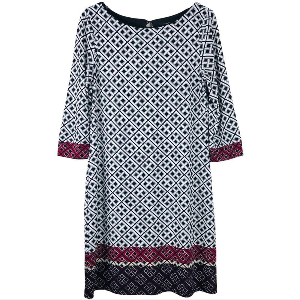 WHBM white black purple geometric midi stretchy sheath 3/4 sleeve dress medium